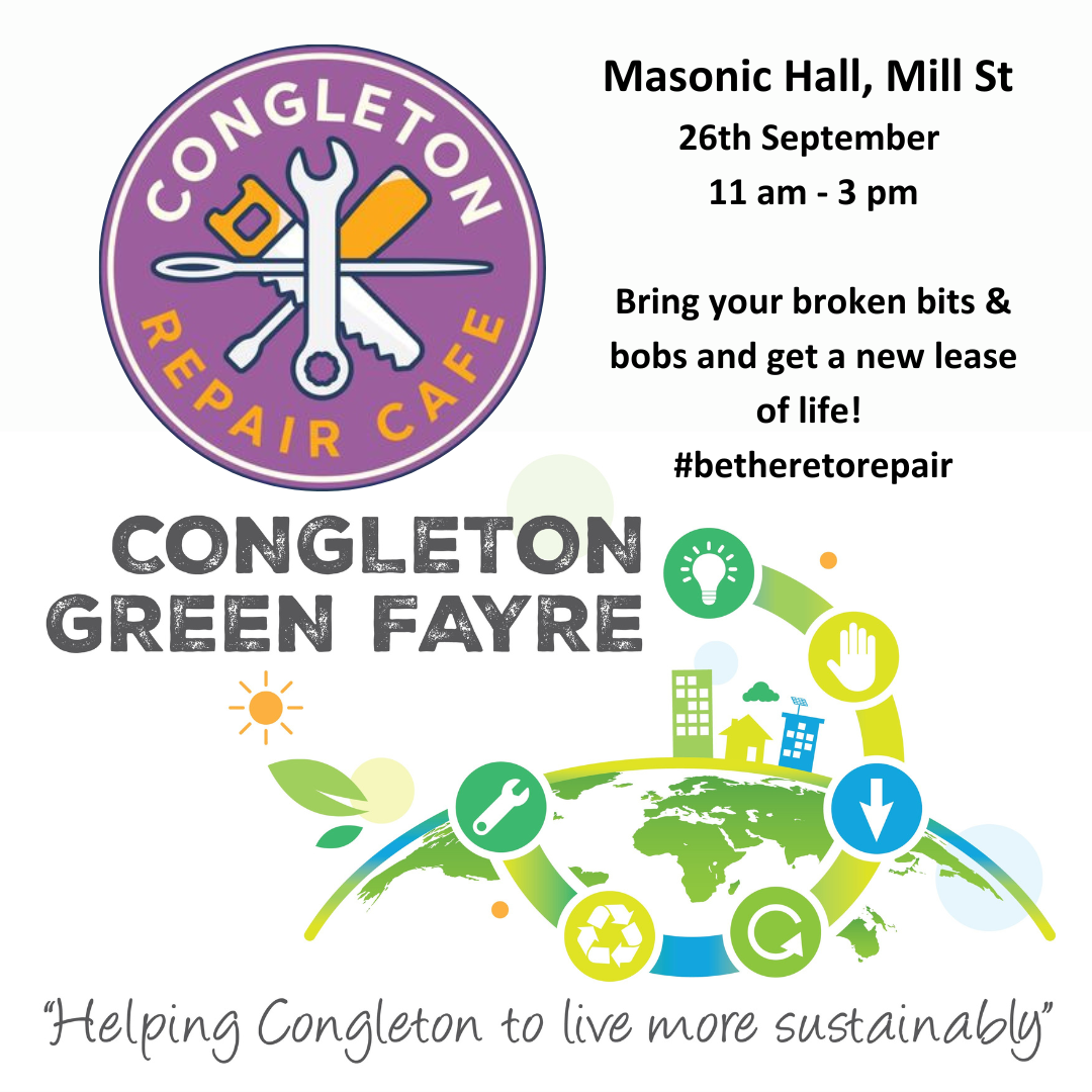Congleton Repair Cafe taking place 11am until 3pm at the masonic hall on mill street 
